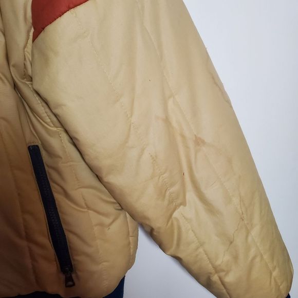 Vintage 80s Lightning Bolt Beige Blue Red Puffer Bomber Collared Coat Size L - Picture 3 of 6